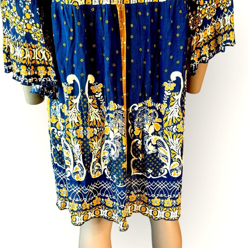 Millenium New Top Blouse Tunic Dress Womens L Bohemian Paisley Navy Gold Peasant - Picture 9 of 12